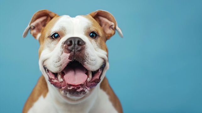 Portrait happy smiling american bully dog. Isolated on blue background. : Generative AI