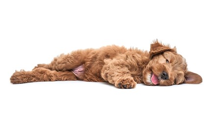 Adorable red / abricot Labradoodle dog puppy, laying down side ways, looking towards camera with shiny dark eyes. Isolated on white background. Mouth open showing pink tongue. : Generative AI