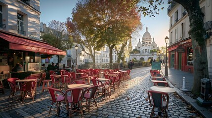The Place du Tertre with tables of cafe and the SacreCoeur in the morning quarter Montmartre in Paris France : Generative AI