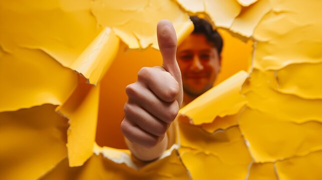 Unrecognizable man shows like gesture through torn yellow wall keeps thumb up says you are best demonstrates approval sign recommends something Copy space aside for your advertising co : Generative AI
