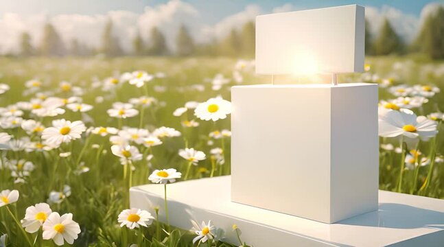 3d render of white podium with daisies in the field