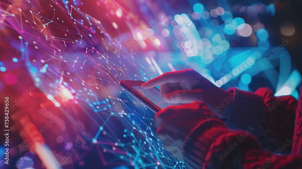 Fototapete Internet network technology, digital software development, future tech background, IoT concept. Man using digital tablet and laptop with global network connection, computer code : Generative AI