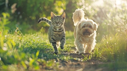 two cute furry friends striped cat and cheerful dog are walking in a sunny spring meadow :...