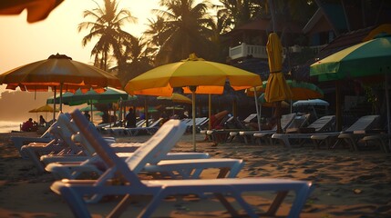 Tropical sunny beach party at Sunset with Sun umbrellas and lounge chairs in GOA India : Generative AI - obrazy, fototapety, plakaty