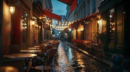 Cozy street with tables of cafe in Paris at night France Architecture and landmarks of Paris Postcard of Paris : Generative AI - obrazy, fototapety, plakaty