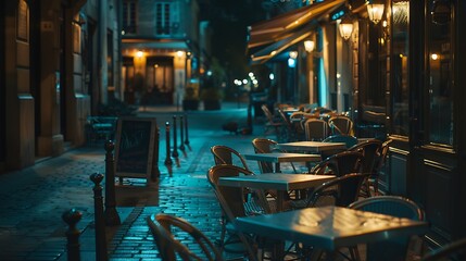 Cozy street with tables of cafe in Paris France Night cityscape of Paris Architecture and landmarks...