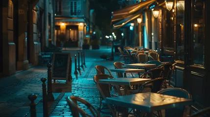 Fotobehang Cozy street with tables of cafe in Paris France Night cityscape of Paris Architecture and landmarks of Paris : Generative AI © Generative AI