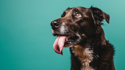 studio headshot portrait of dark brown and white medium mixed breed dog licking with tongue to side against turquoise background : Generative AI