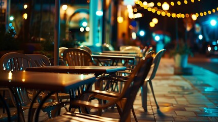 Street cafe at the night against city illumination lights : Generative AI - obrazy, fototapety, plakaty