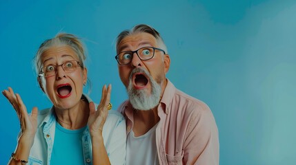 Cheerful middle aged woman and her husband pensioner reacts on shocking news keeps hand on spectacles isolated over blue background Family age and emotions concept Senior couple at pos : Generative AI - obrazy, fototapety, plakaty