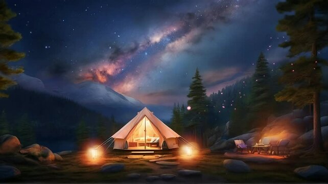 A tent on a hill with lights, surrounded by pine trees and decorated with fireflies. A beautiful nebula sky on a camping night. 4k looping video