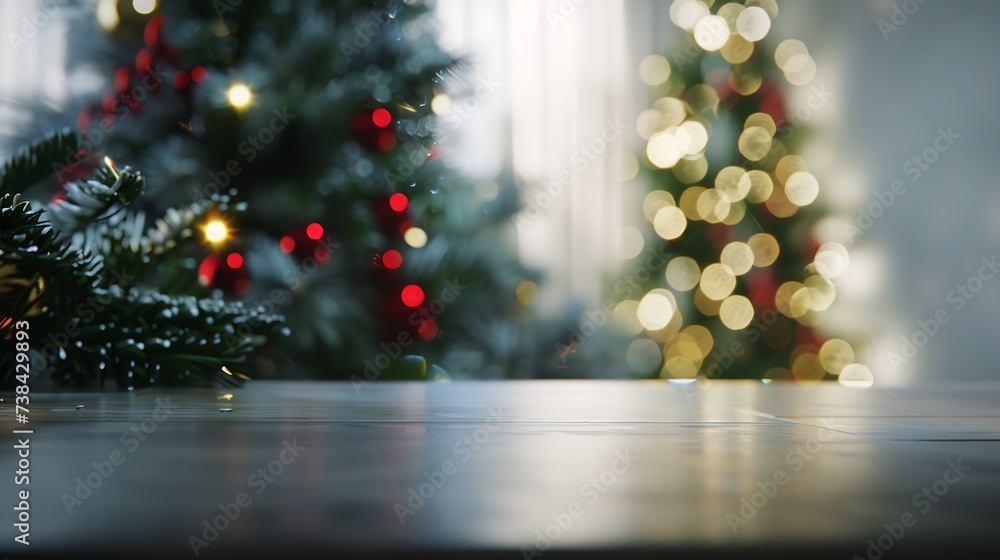 Aufkleber Empty table in front of christmas tree with decorations background For product display montage : Generative AI