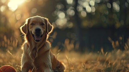 Golden Retriever plays with a ball.A beautiful dog walks in a clearing. puppy runs in the park.A trained dog performs tricks.A joyful dog in the forest.An obedient labrador walks. dog  : Generative AI