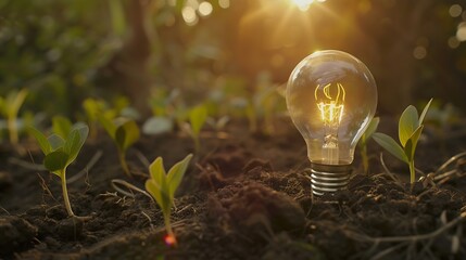 Light bulb is located on soil. plants grow on stacked coins Renewable energy generation is essential for the future. Renewable energy-based green business can limit climate change and  : Generative AI - obrazy, fototapety, plakaty