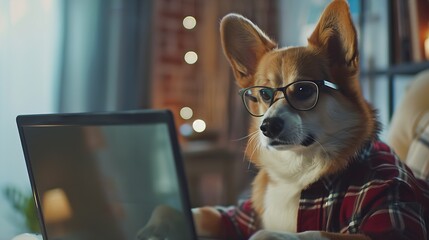Cute corgi dog looking into computer laptop working in glasses and shirt : Generative AI