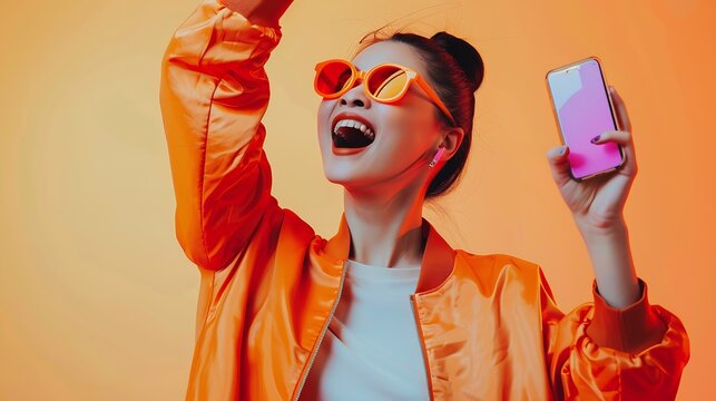 Cheerful brunette Asian woman dance to favorite song moves to rhythm of music holds modern smartphone wears trendy orange sunglasses stylish jacket expresses happiness and joy models i : Generative AI
