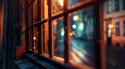 Night view from cafe window to old European street : Generative AI