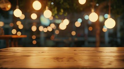 image of wooden table in front of abstract blurred background of resturant lights : Generative AI - obrazy, fototapety, plakaty