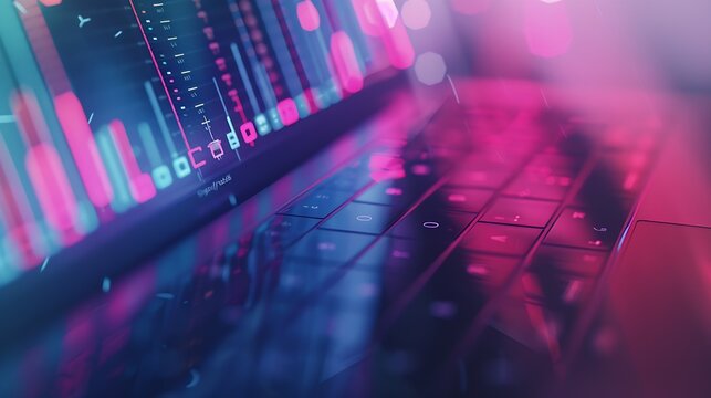 Double exposure of abstract creative financial chart on modern laptop background, research and strategy concept : Generative AI