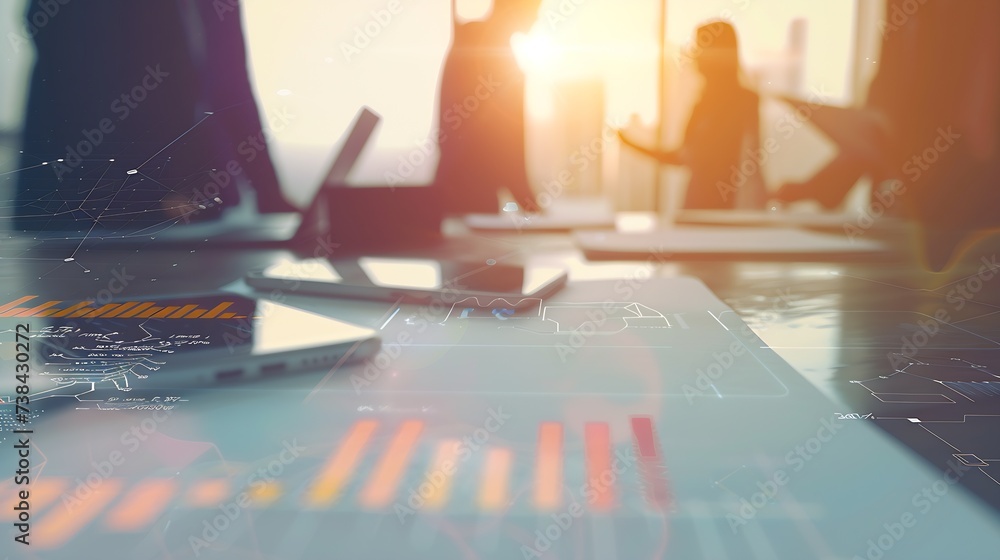 Poster business documents on office table with smart phone and digital tablet and graph financial with social network diagram and man working in the background : Generative AI