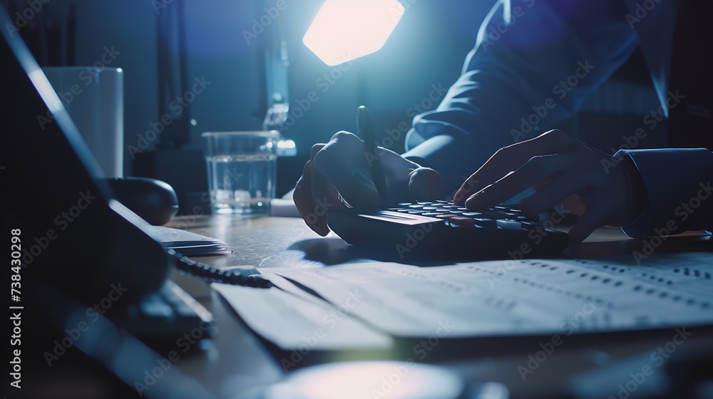 Leinwandbilder Businessman working on desk office with using a calculator to calculate the numbers : Generative AI