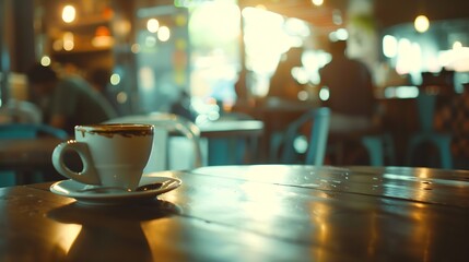 Fototapeta premium Coffee shop and people sit on table blur background with bokeh image : Generative AI