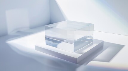 Minimal cosmetic background Pedestal display glass cube block platform transparent geometric stand for cosmetics mockup scene with sunlight and shadow Acrylic podium for product presen : Generative AI - obrazy, fototapety, plakaty