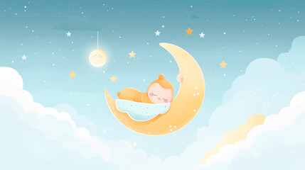 Obraz na płótnie Canvas 月の上で眠る赤ちゃんのイラスト
