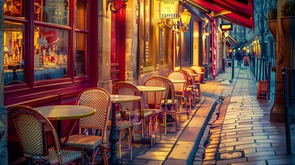 Fototapeta na wymiar Cozy street with tables of cafe in Paris at night France Cityscape of Paris Architecture and landmarks of Paris : Generative AI