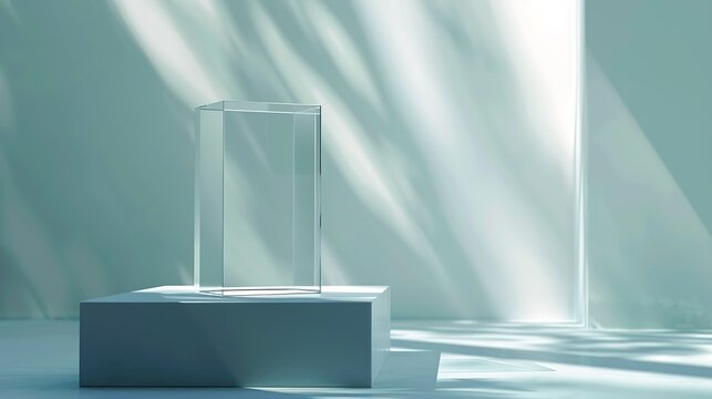 Pedestal cosmetic shadow display glass podium acrylic block platform for product presentation transparent geometric stand for cosmetics mockup scene with sunlight and shadow abstract b : Generative AI