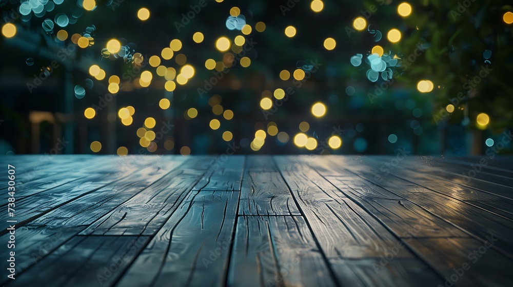 Poster empty grey wooden floor or wooden terrace with abstract night light bokeh of night festival in garde