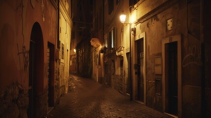 Fototapeta premium Old cozy street at night in Trastevere Rome Italy Trastevere is rione of Rome on the west bank of the Tiber in Rome Lazio Italy Architecture and landmark of Rome Nightlife of Rome : Generative AI
