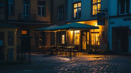 Germany Dusseldorf Old town old houses pavement restaurant at night : Generative AI - obrazy, fototapety, plakaty