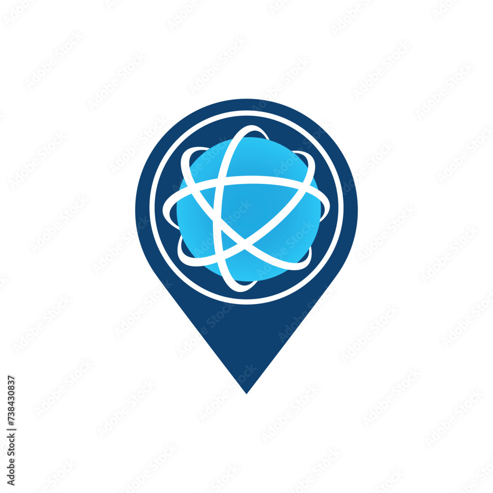 Poster this is a drop pin logo in blue color with a planet orbital lines inside that can be used for gps or
