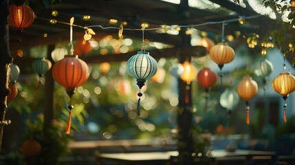 beautiful decor of lanterns and garlands outside in the garden cafe : Generative AI