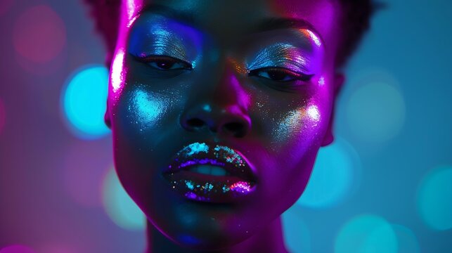 High Fashion model metallic silver lips woman in colorful bright neon blue and purple lights posing in studio beautiful girl trendy glowing makeup colorful make up Glitter Vivid neon m : Generative AI