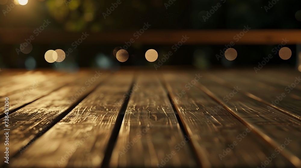 Poster empty brown wooden floor or wooden terrace with abstract night light bokeh of night festival in gard
