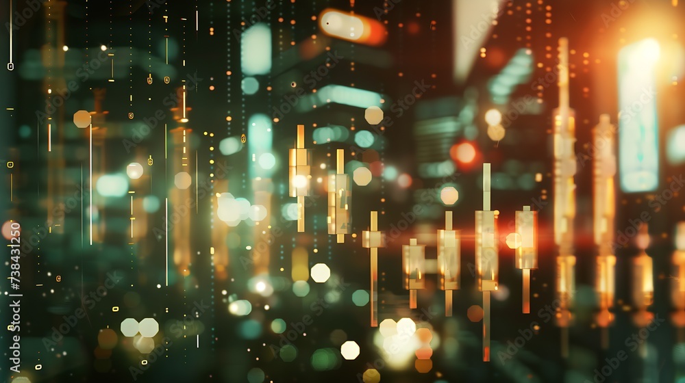 Poster abstract glowing big data forex candlestick chart on blurry city backdrop. trade, technology, invest