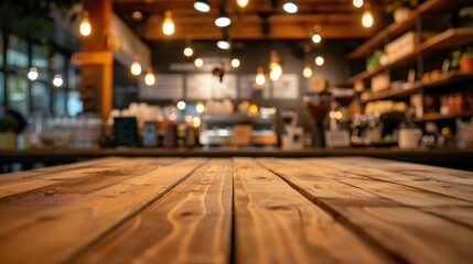 Fototapeta na wymiar Empty wooden table in front of abstract blurred background of coffee shop can be used for display or montage your productsMock up for display of product : Generative AI