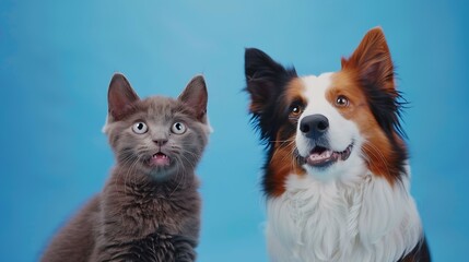 Obraz premium British Shorthair cat kitten and a border collie dog with happy expression together on blue background, banner, looking at the camera : Generative AI