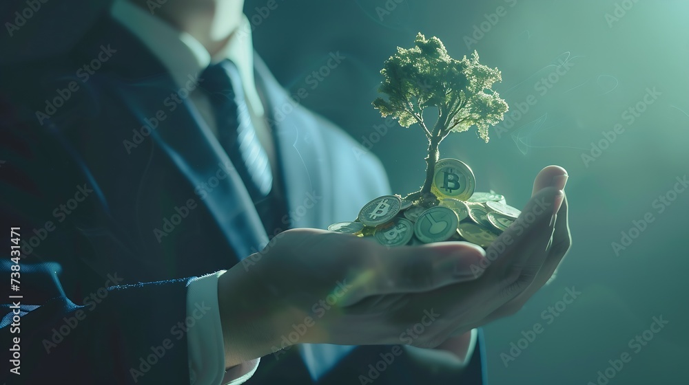 Poster a businessman holding a coin with a tree that grows and a tree that grows on a pile of money. the id
