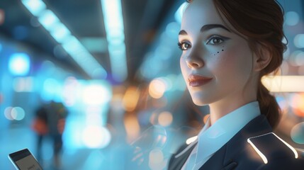 A closeup of a holographic flight attendant complete with a uniform and a tablet in hand providing...