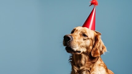 Cute dog celebrating with red pary hat and blow-out against a blue background and copy space to side : Generative AI - obrazy, fototapety, plakaty