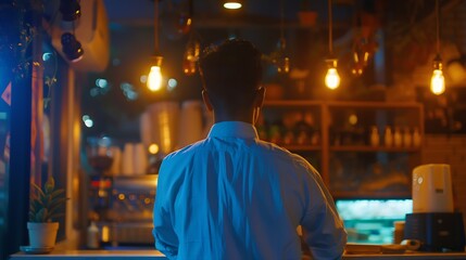 smartman working in cafe back view in night time freelance ideas concept : Generative AI