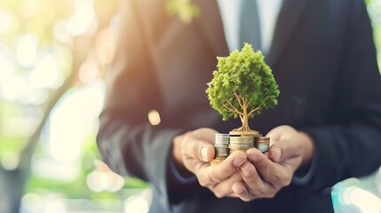 Eco business investment. Green business growth. Businessman holding coin with tree growing on money coin stack. Finance sustainable development.Concept of pass and increase of renewabl : Generative AI - obrazy, fototapety, plakaty