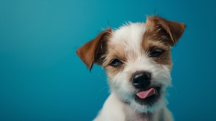 Happy dog puppy winking an eye and smiling on colored blue background with closed eyes. : Generative AI