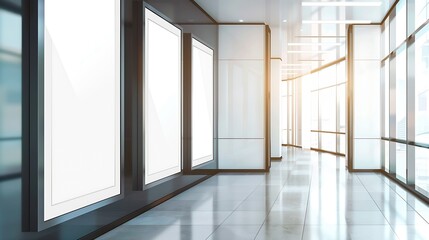 Fototapeta premium Three movie poster frames along the walkway in modern interior design for movie theater : Generative AI