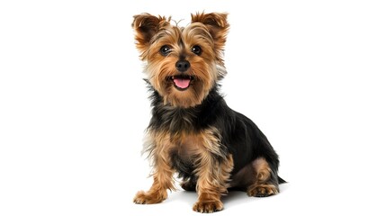 Scruffy adult blue gold Yorkshire terrier dog, sitting up facing front Looking towards camera and smiling. Isolated on a white background. : Generative AI