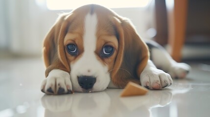 Cute Beagle puppy eating at home. Adorable pet : Generative AI - obrazy, fototapety, plakaty