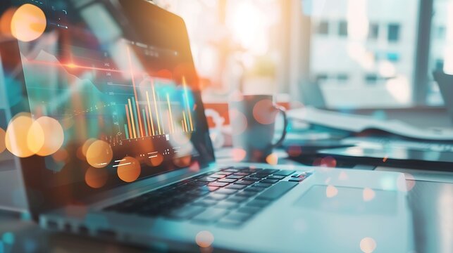 Double exposure of abstract creative financial chart on modern laptop background, research and strategy concept : Generative AI